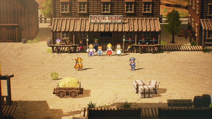 2022 best games Live A Live - the four party characters look out at a classic Western Duel in a typical Western town
