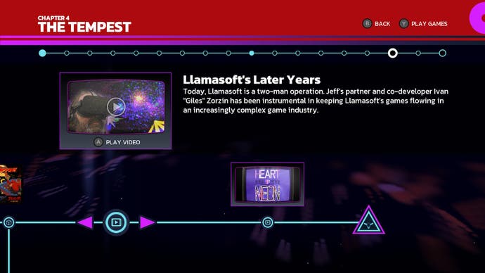 A timeline screen from Llamasoft: The Jeff Minter Story.  It shows a video clip called Llamasoft's Later Years.