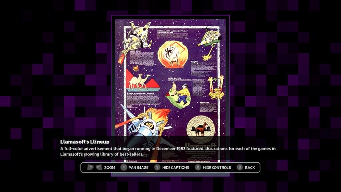 یک تبلیغ Llamasoft از سال 1983 از Llamasoft: The Jeff Minter Story که تعداد زیادی بازی دوست داشتنی Llamasoft را نشان می دهد.