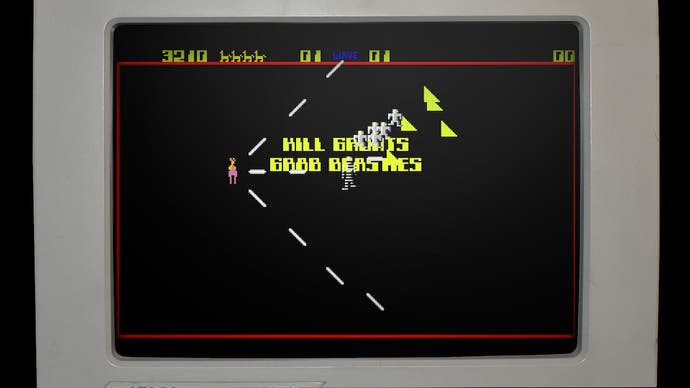 A screen of the frenetic arcade game Llamatron 2112 with pixels raining in all directions, from Llamasoft: The Jeff Minter Story.