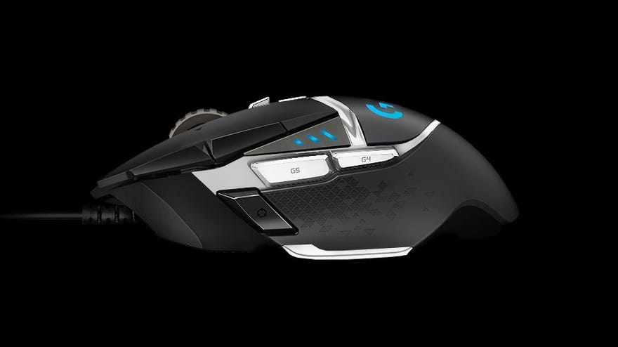 A side view of the Logitech G502 Hero SE gaming mouse, against a black background