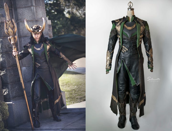 Silhouette in her Dark World: Loki Cosplay (photographed by Mirabella Took Creations) next the studio shot of the cosplay.