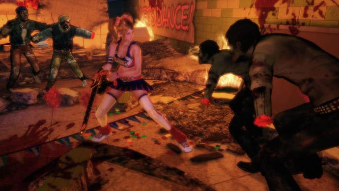 Juliet of Lollipop Chainsaw fighting a horde of zombies.