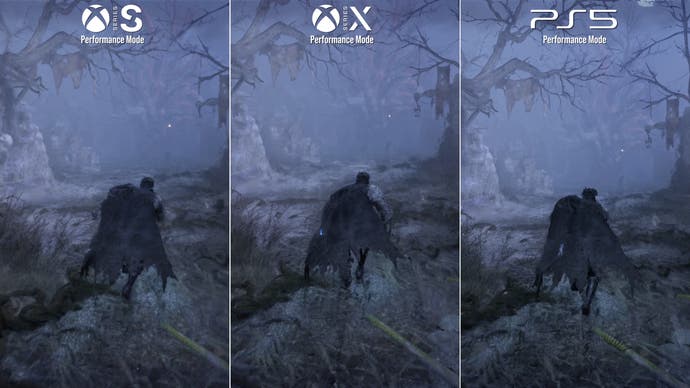 PS5 vs Series X vs Series S comparison in Lords of the Fallen, showing a soft image on all platforms but softest on Series S