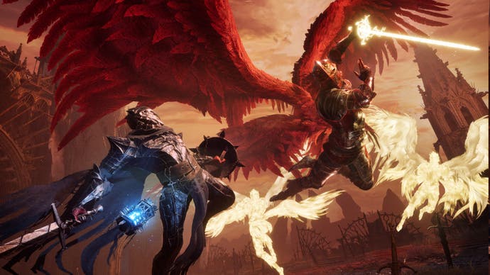Lords of the Fallen promo artwork showing the player taking a swing at Pieta, a female knight with red angel wings and a magic sword