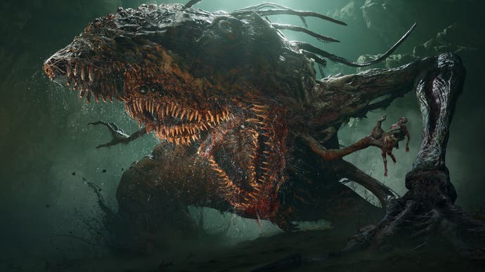Lords of the Fallen promo screenshot showing a big horrible monster of flesh with hundreds of tiny teeth in a huge mouth