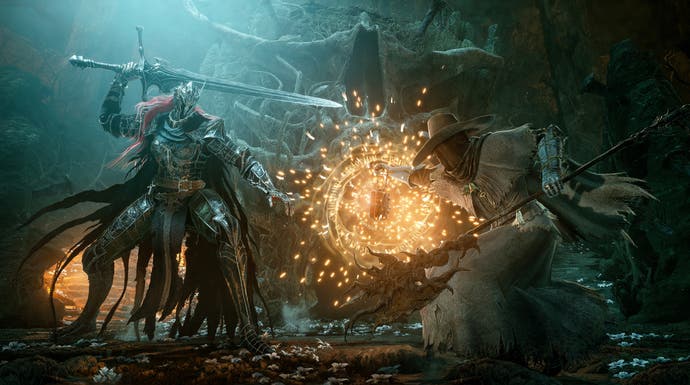 Lords of the Fallen preview - official art of a duel with a knight enemy called Fidelitas with glowing golden magic sparks