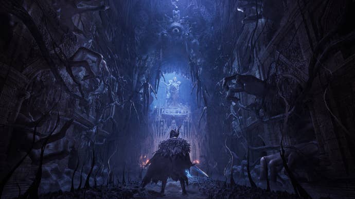 Player character in Lords of the Fallen stares down a blue, spectral path – flanked by all that is dead and undead.