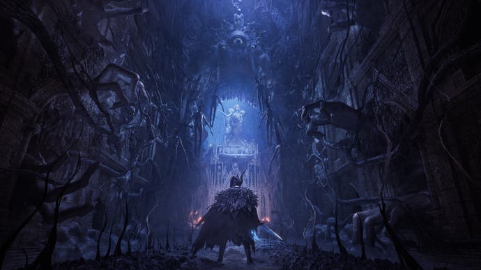 Lords of the Fallen preview - official artwork of the player character looking towards a glowing blue section of the world