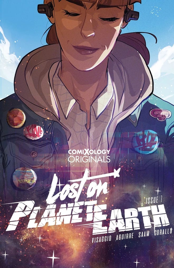 Cover of Lost on Planet Earth, featuring a character wearing a jean jacket with pins over a hoodie