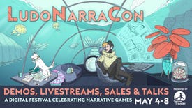 Artwork for the LudoNarraCon festival, showing someone and their dog in an underwater glass pod