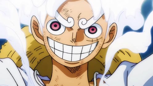 Luffy in Gear 5 form with red eyes and white hair