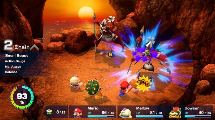 A boss battle is underway in this screenshot from Super Mario RPG. Mario and his team fight two huge terrifying enemies while damage effects go off.