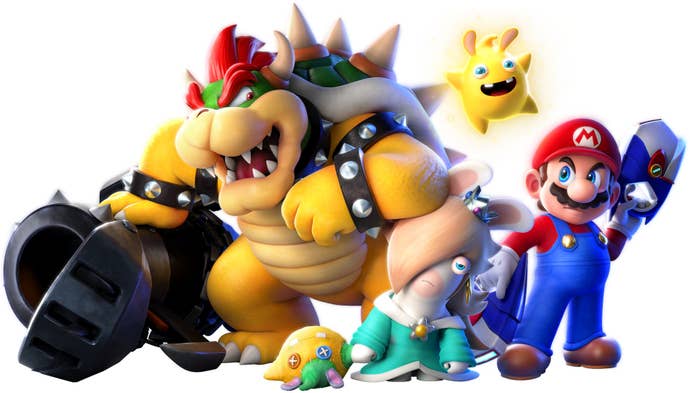 A few characters from Mario + Rabbids Sparks of Hope are shown: Mario, Bowser, Rabbid Rosalina, and a Spark.