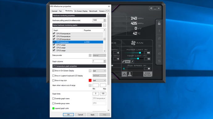A screenshot of MSI Afterburner, showing how to set its CPU temperature monitor to appear in its on-screen overlay.