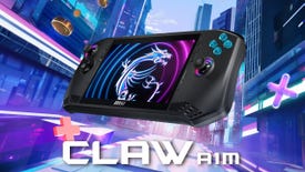 A promotional image of the MSI Claw, a Steam Deck-esque handheld gaming PC.