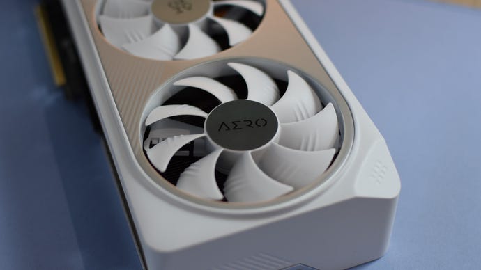 A closeup of one of the cooling fans on the MSI GeForce RTX 4070 Ti Super Aero OC graphics card.