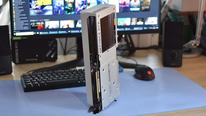 The MSI GeForce RTX 4070 Ti Super Aero OC graphics card stood upright on a desk.