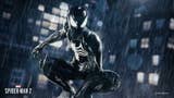Official Marvel's Spider-Man 2 image showing Spider-Man in his black Symbiote suit on a rainy night
