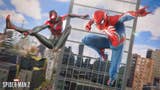 Miles Morales and Peter Parker in their Spider-Suits swinging around New York