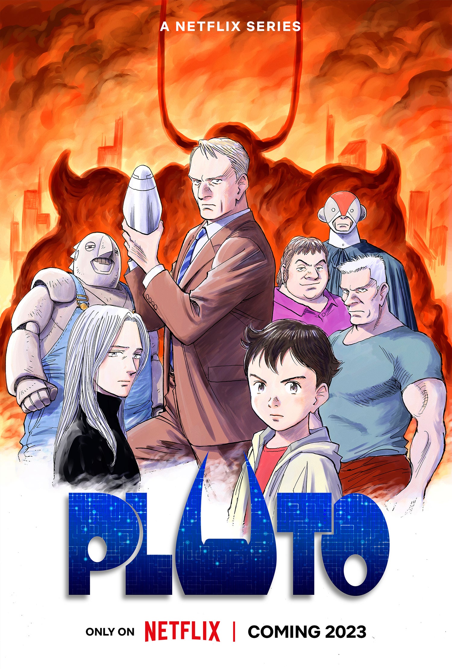 Poster for Pluto featuring characters from the anime with a large fiery robot behind them