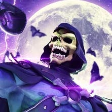 skeletor operator view from the chest up with the moon on a purple backgrounf behind him
