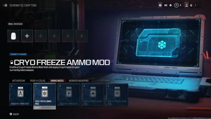 The schematic crafting menu in MW3 Zombies shown, where players can craft Cryo Freeze Ammo