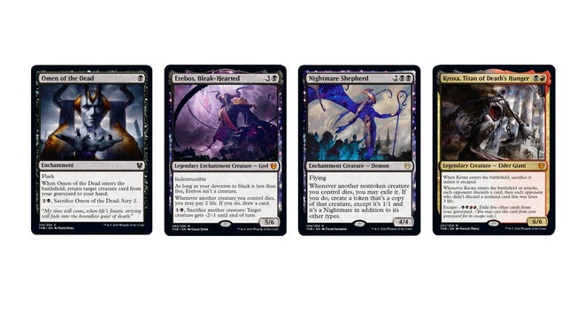 Magic: The Gathering - Theros: Beyond Death's Black cards, including Omen of the Dead, Erebos, Bleak-Hearted, Nightmare Shepherd and Kroxa, Titan of Death's Hunger