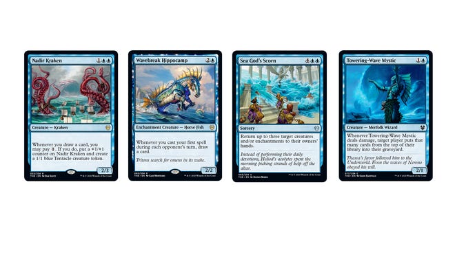Magic: The Gathering - Theros Beyond Death Blue cards, including Nadir Kraken, Wavebreak Hippocamp, Sea God's Scorn and Towering-Wave Mystic