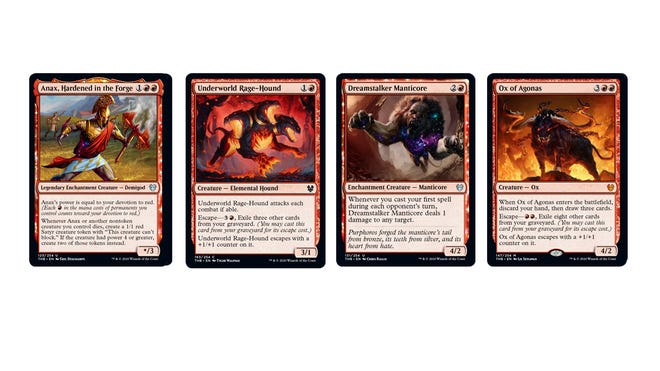 Magic: The Gathering - Theros: Beyond Death's Red cards, including Anax, Hardened in the Forge, Underworld Rage-Hound, Dreamstalker Manticore and Ox of Agonas