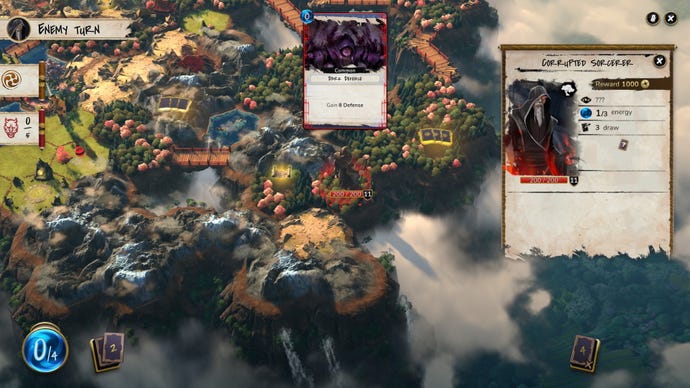 A samurai warrior attacks a sorcerer on a floating island of hexagonal tiles in Mahokenshi