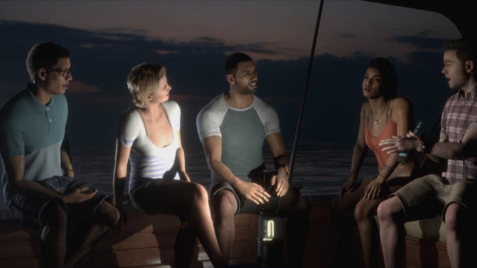 Man of Medan's main characters sit on the boat, Duke of Milan, talking; from left to right they are Brad, Julia, Alex, Fliss, and Conrad.