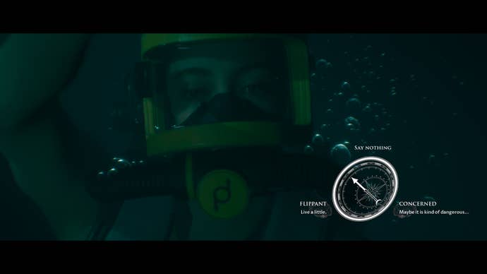 Julia is diving underwater in Man of Medan, choosing whether to be flippant or concerned.