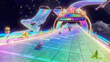 Screenshot of Wii Rainbow Road from Mario Kart 8 Deluxe DLC with Toadette racing to finish line