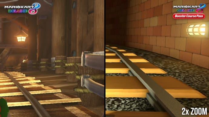 a comparison between similar MK8 Deluxe and Booster Course Pass tracks, focusing on a train track in a mine.