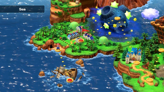 Đây là màn hình từ màn hình bản đồ Super Mario RPG, hiển thị phần ven biển của bản đồ và đường đi giữa các địa điểm.