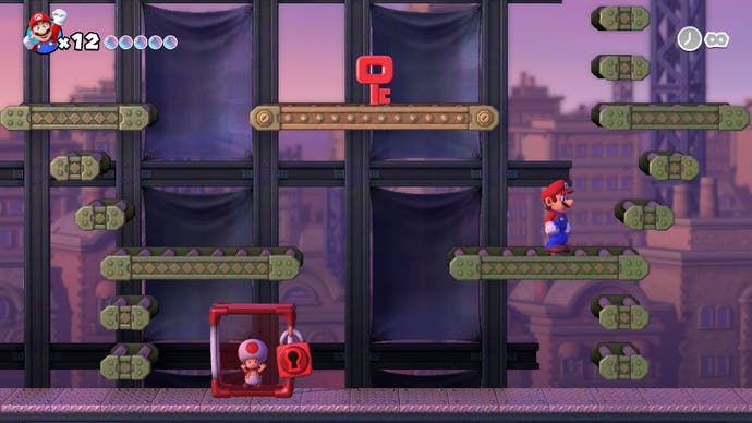 ماریو باید با استفاده از یک کلید قرمز به یک سکو برسد تا یک وزغ را از قفس قرمز آزاد کند