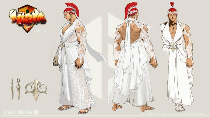 Marisa de Street Fighter 6, en su arte conceptual del Outfit 3: vestida como una novia fuerte, con el pelo peinado como un casco de Centurión.