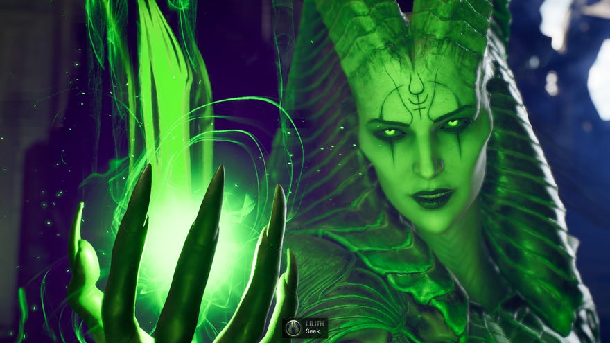 The demon queen Lilith holds a green orb of energy in her hand in Marvel's Midnight Suns