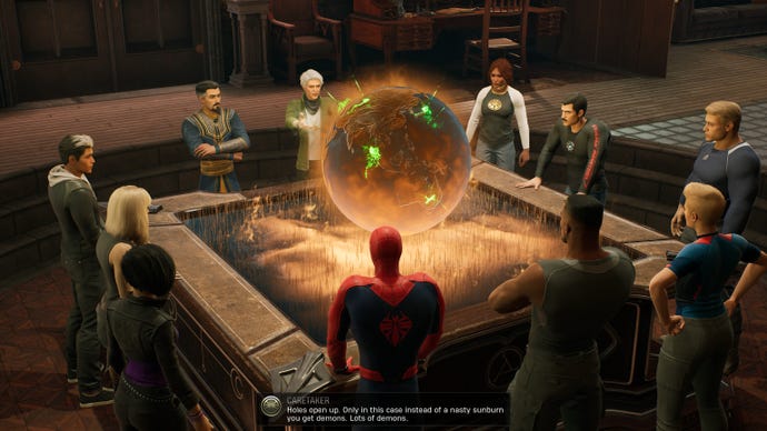 The Midnight Suns and Avengers gather around the Mirror Table in Marvel's Midnight Suns