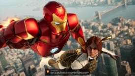 Iron Man carries the Hunter across the skies of New York in Marvel's Midnight Suns
