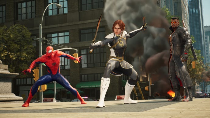 Spider-Man, The Hunter and Blade strike a pose in New York in Marvel's Midnight Suns