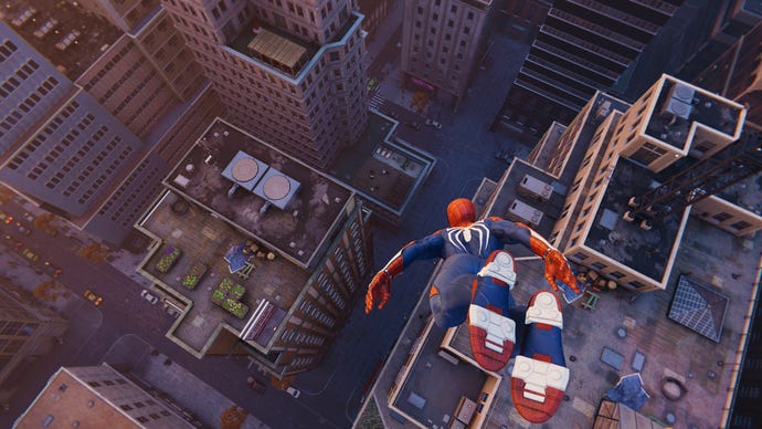 Spider-Man freefalls towards street level in Marvel's Spider-Man Remastered.