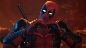 A screenshot from Marvel's Midnight Suns showing Deadpool making a heart symbol with his hands