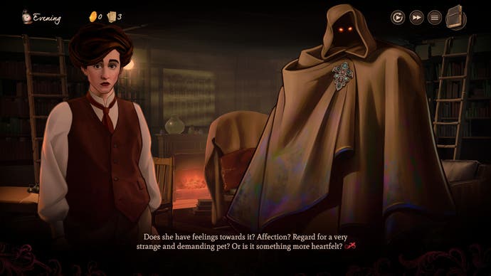 Screenshot of the Rose Mask, showing Griz and Mr Pages, the player's inner monologue wondering if Griz cares about him