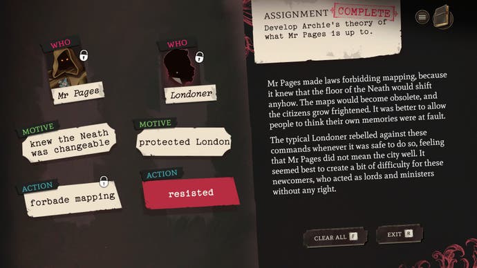 Screenshot of Rose Mask, showing motivations and actions on one side of the screen, and generated narrative on the other.