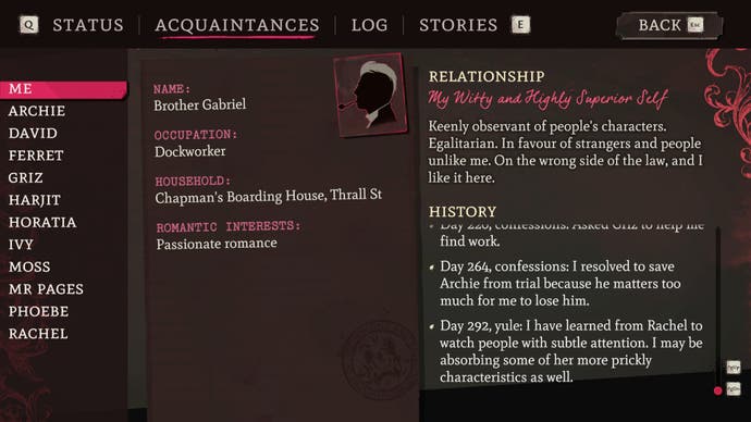 A screenshot of Rose Mask showing a character log outlining the PC's personality and important events