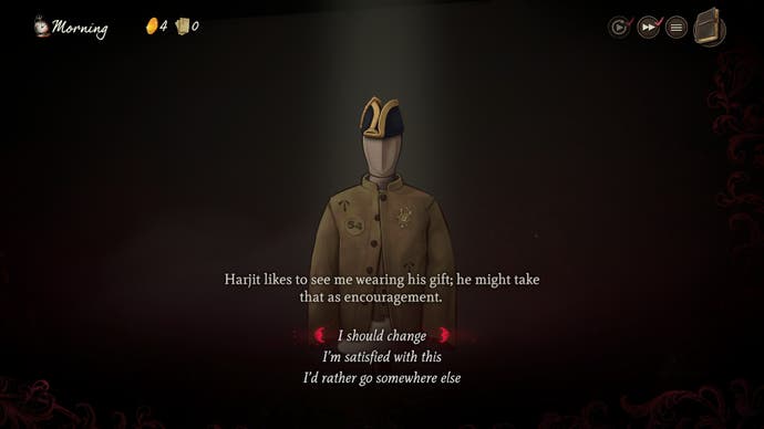 Screenshot of Rose Mask, showing a mannequin wearing a shirt and admiral hat, with the option to change clothes before meeting someone