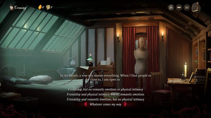 A screenshot of Rose Mask showing the character creation options where players can choose between physical intimacy, romantic affection, or both