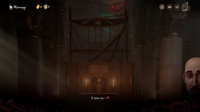Screenshot of Rose Mask, showing a gloomy church and a red-eyed creature peering down from the ceiling with the line 